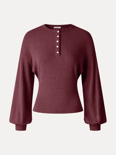 Oglmove Eco-mousse® Slub Ribbed Henley Neck Batwing Sleeve Close-fit Hem Top In Burgundy