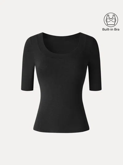 Oglmove Eco-mousse® Slub U-neck Elbow Sleeve Bra Top In Black