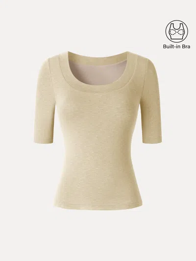 Oglmove Eco-mousse® Slub U-neck Elbow Sleeve Bra Top In Butter Cup Yellow