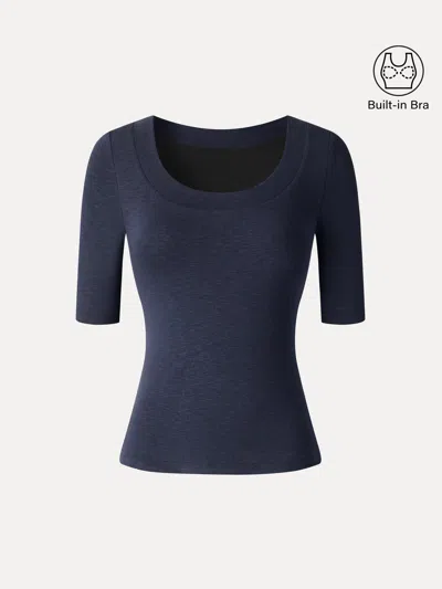 Oglmove Eco-mousse® Slub U-neck Elbow Sleeve Bra Top In Smoky Navy