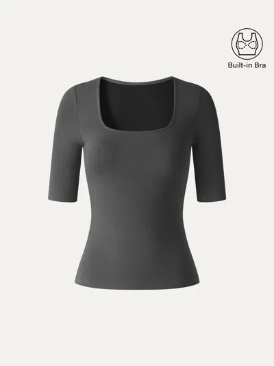 Oglmove Eco-mousse® Square Neck Elbow Sleeve Bra Top In Davy