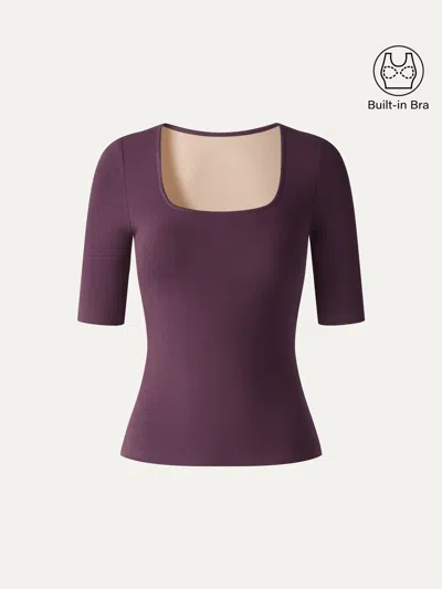 Oglmove Eco-mousse® Square Neck Elbow Sleeve Bra Top In Deep Fig