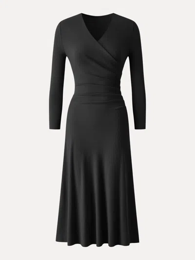 Oglmove Eco-mousse® Surplice 3/4 Sleeve Side-tuck Midi Dress In Black