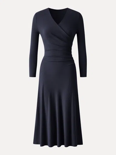 Oglmove Eco-mousse® Surplice 3/4 Sleeve Side-tuck Midi Dress In Smoky Navy