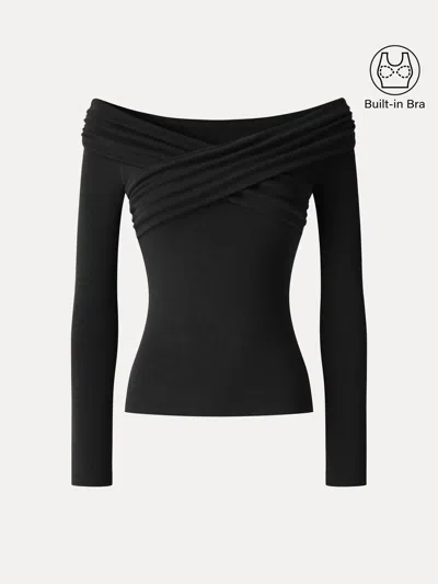 Oglmove Eco-mousse® Surplice Long Sleeve Ruched Bra Top In Black