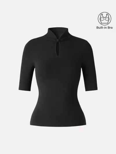 Oglmove Eco-mousse® Teardrop Neck Elbow Sleeve Bra Top In Black