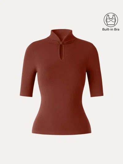 Oglmove Eco-mousse® Teardrop Neck Elbow Sleeve Bra Top In Brown