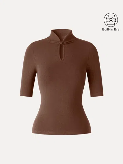 Oglmove Eco-mousse® Teardrop Neck Elbow Sleeve Bra Top In Brown