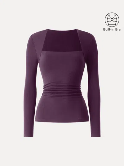 Oglmove Eco-mousse® Trapeze Neck Long Sleeve Ruched Bra Top In Deep Fig