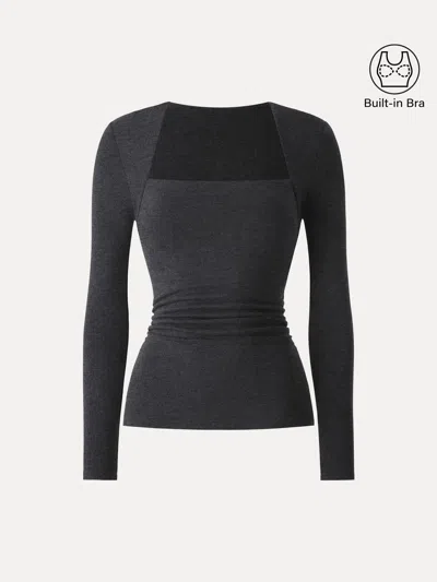 Oglmove Eco-mousse® Trapeze Neck Long Sleeve Ruched Bra Top In Heather Shadow