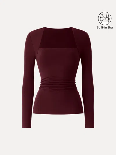 Oglmove Eco-mousse® Trapeze Neck Long Sleeve Ruched Bra Top In Ruby Red