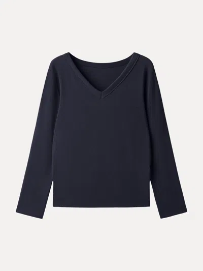 Oglmove Eco-mousse® V-neck Long Sleeve Banded Hem Top In Smoky Navy