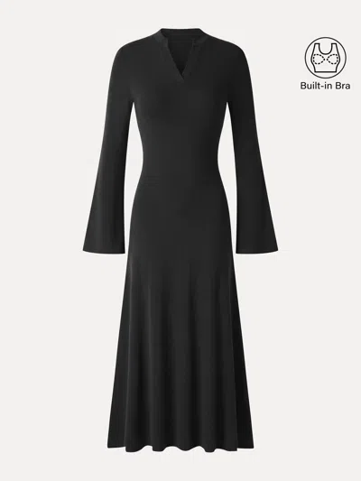 Oglmove Eco-mousse® V-neck Long Sleeve Flowy Midi Dress In Black