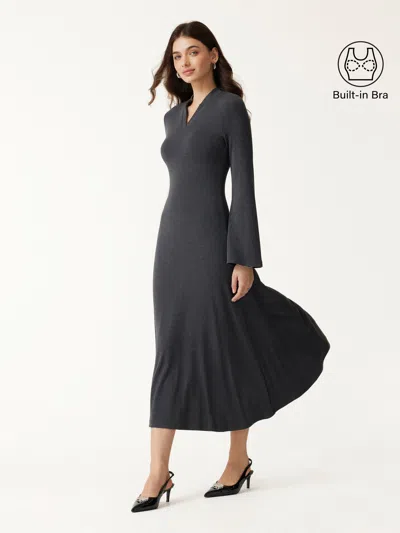 Oglmove Eco-mousse® V-neck Long Sleeve Flowy Midi Dress In Heather Night Charcoal