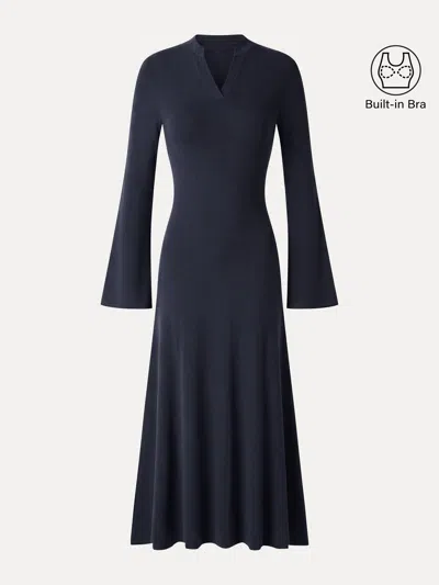 Oglmove Eco-mousse® V-neck Long Sleeve Flowy Midi Dress In Smoky Navy