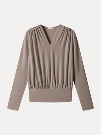 Oglmove Eco-mousse® V-neck Long Sleeve Ruched Banded Hem Top In Neutral
