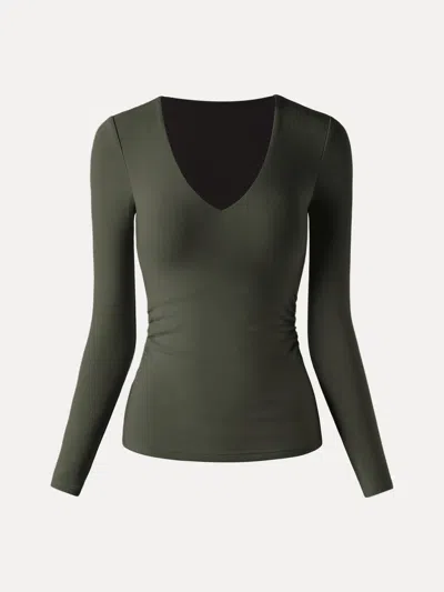 Oglmove Eco-mousse® V-neck Long Sleeve Side-tuck Bra Top In Deep Olive