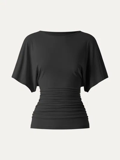 Oglmove Effortless Boatneck Batwing Sleeve Side Ruched Top In Black