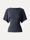 Oglmove Effortless Boatneck Batwing Sleeve Side Ruched Top In Blue
