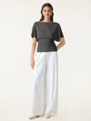 Oglmove Effortless Boatneck Batwing Sleeve Side Ruched Top In Gray