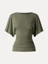 Oglmove Effortless Boatneck Batwing Sleeve Side Ruched Top In Green