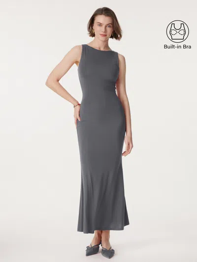 Oglmove Effortless Boatneck Mermaid Maxi Dress In Silver