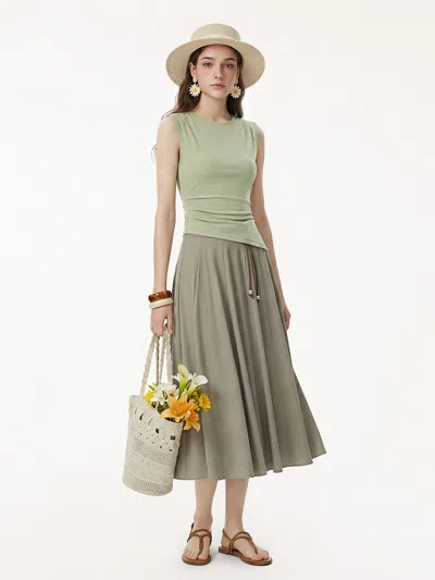 Oglmove Effortless Wide Shoulder Tucked Asymmetrical Hem Sleeveless Top