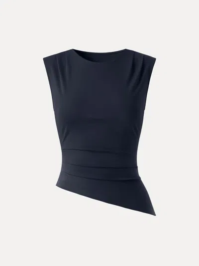 Oglmove Effortless Wide Shoulder Tucked Asymmetrical Hem Sleeveless Top In Blue