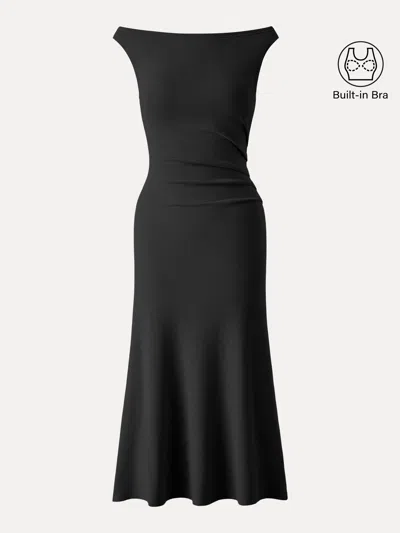 Oglmove Elegant Boatneck Tucked Fit-and-flare Midi Bra Dress In Black