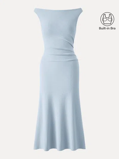 Oglmove Elegant Boatneck Tucked Fit-and-flare Midi Bra Dress In Blue