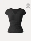 Oglmove Elevated V-neck Side Ruched Cap Sleeve Bra Tee In Black
