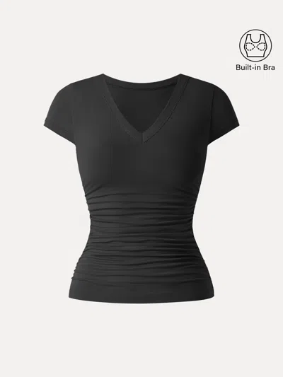 Oglmove Elevated V-neck Side Ruched Cap Sleeve Bra Tee In Black
