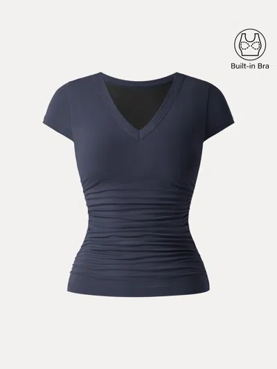 Oglmove Elevated V-neck Side Ruched Cap Sleeve Bra Tee In Blue