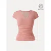Oglmove Elevated V-neck Side Ruched Cap Sleeve Bra Tee In Sand