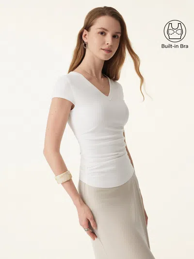 Oglmove Elevated V-neck Side Ruched Cap Sleeve Bra Tee In White