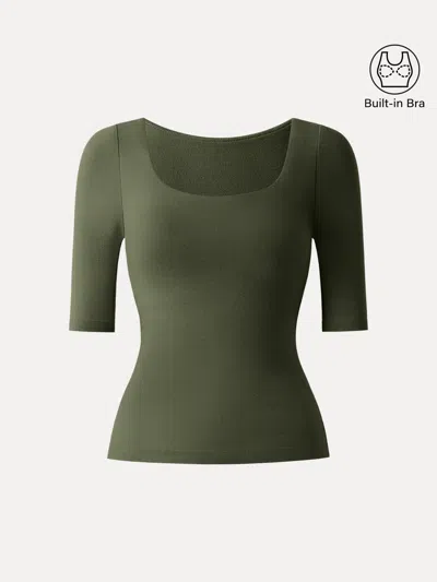 Oglmove Essential Elbow Length Sleeve Square Neck Brami In Deep Olive