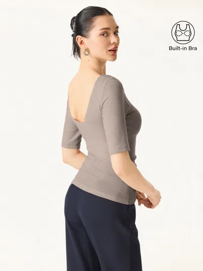 Oglmove Essential Lyocell Cashmere Boatneck Elbow Length Sleeve Bra Top