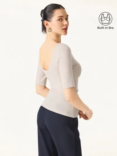 Oglmove Essential Lyocell Cashmere Boatneck Elbow Length Sleeve Bra Top