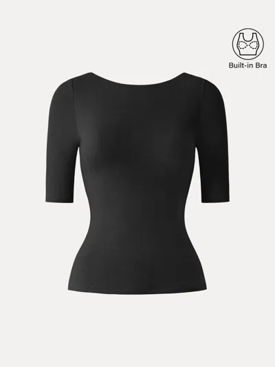 Oglmove Essential Lyocell Cashmere Boatneck Elbow Length Sleeve Bra Top In Black