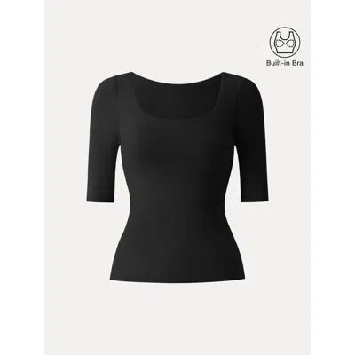 Oglmove Essential Square Neck Elbow Length Sleeve Bra Top In Black