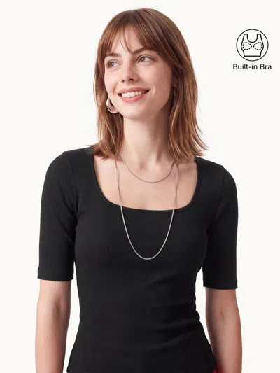 Oglmove Essential Square Neck Elbow Length Sleeve Bra Top In Black