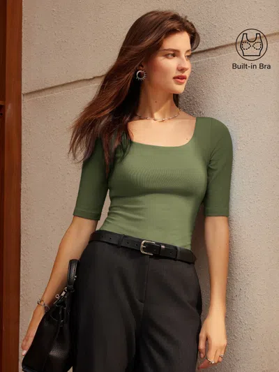 Oglmove Essential Square Neck Elbow Length Sleeve Bra Top In Green
