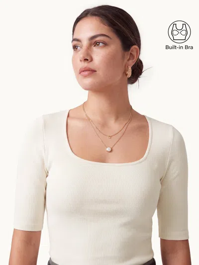 Oglmove Essential Square Neck Elbow Length Sleeve Bra Top In Milk Cream Beige