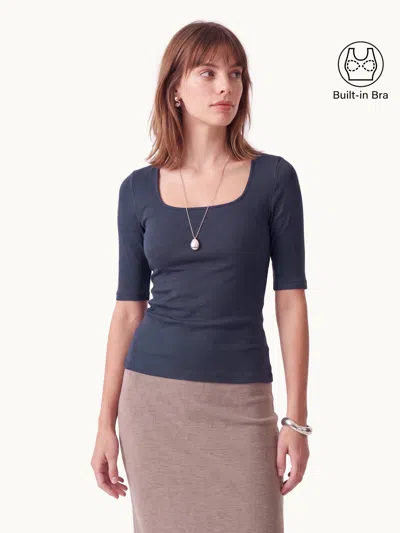 Oglmove Essential Square Neck Elbow Length Sleeve Bra Top In Navy