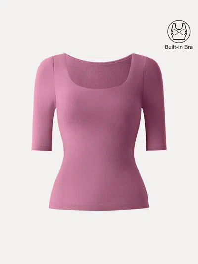 Oglmove Essential Square Neck Elbow Length Sleeve Bra Top In Pink
