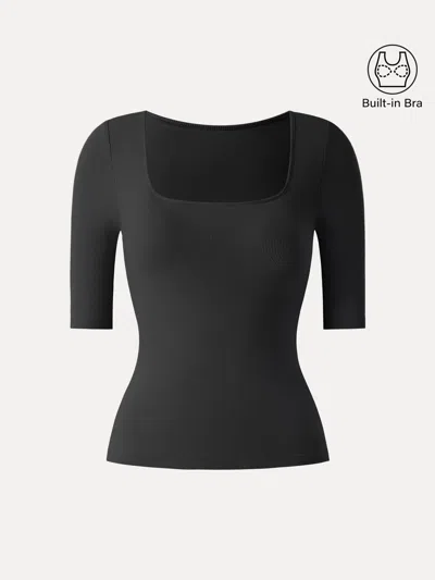 Oglmove Essential Stretch Cotton Square Neck Elbow Length Sleeve Bra Top In Black
