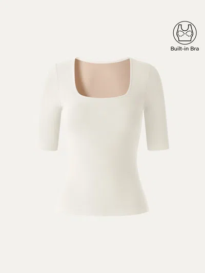 Oglmove Essential Stretch Cotton Square Neck Elbow Length Sleeve Bra Top In Milk Cream Beige