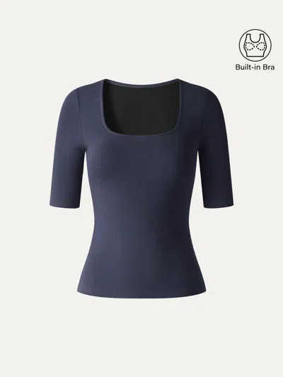 Oglmove Essential Stretch Cotton Square Neck Elbow Length Sleeve Bra Top In Navy
