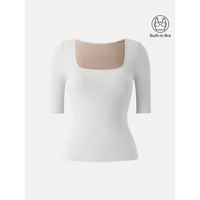 Oglmove Essential Stretch Cotton Square Neck Elbow Length Sleeve Bra Top In White
