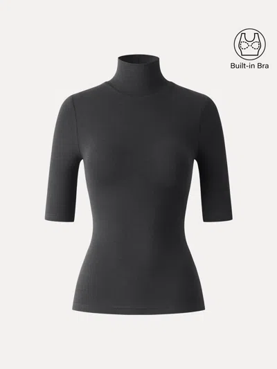 Oglmove Essential Turtleneck Elbow Length Sleeve Bra Tops In Blue Charcoal
